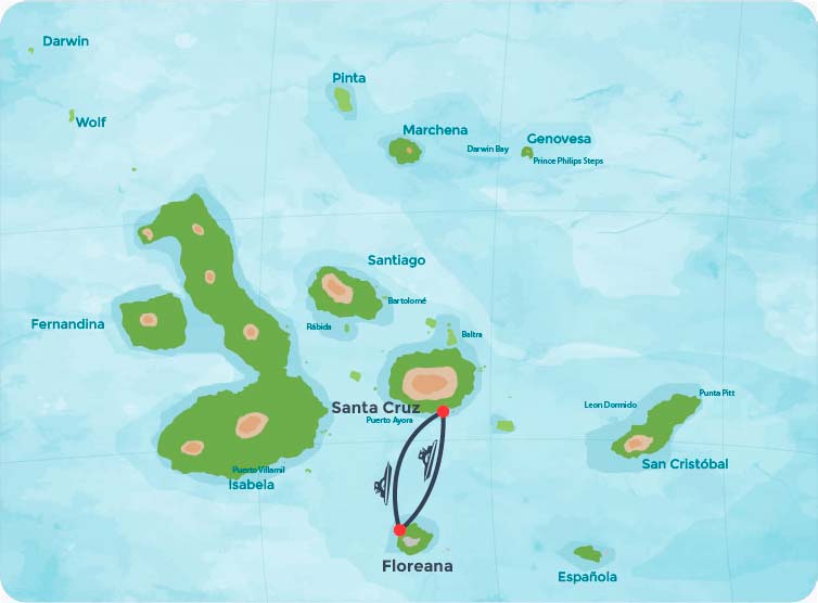 mapa con la ruta en lancha desde la isla santa cruz a la isla Floreana en Galápagos